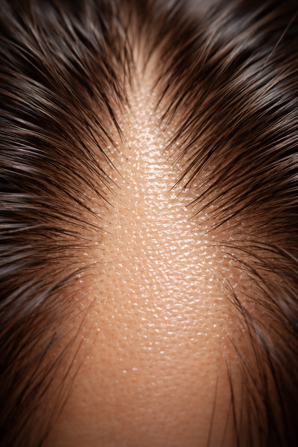 Close-up of scalp with visible follicles and sheen