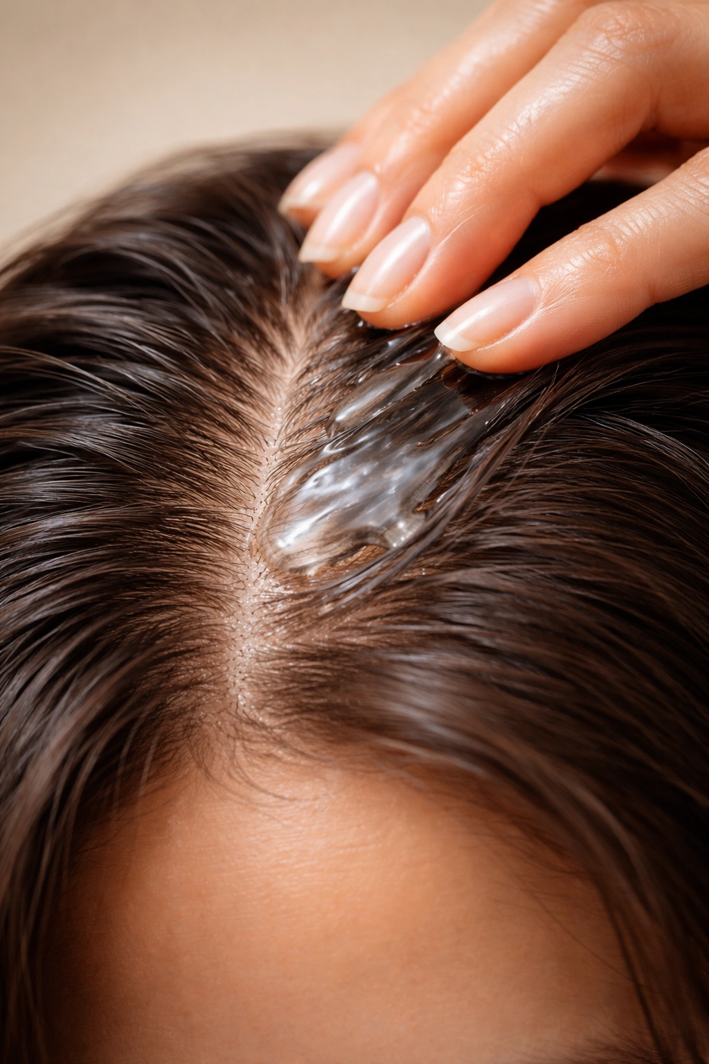 Close-up of scalp being treated with coconut oil during timing-focused scalp care.