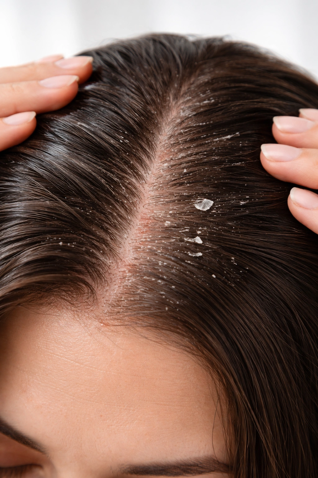 Close-up scalp with dandruff flakes and mild redness in a clinical setting