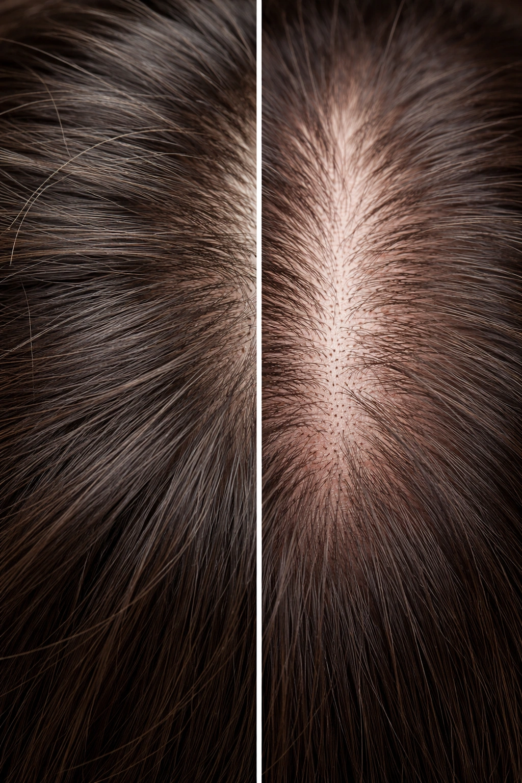 Scalp close-up showing normal density versus thinning hair