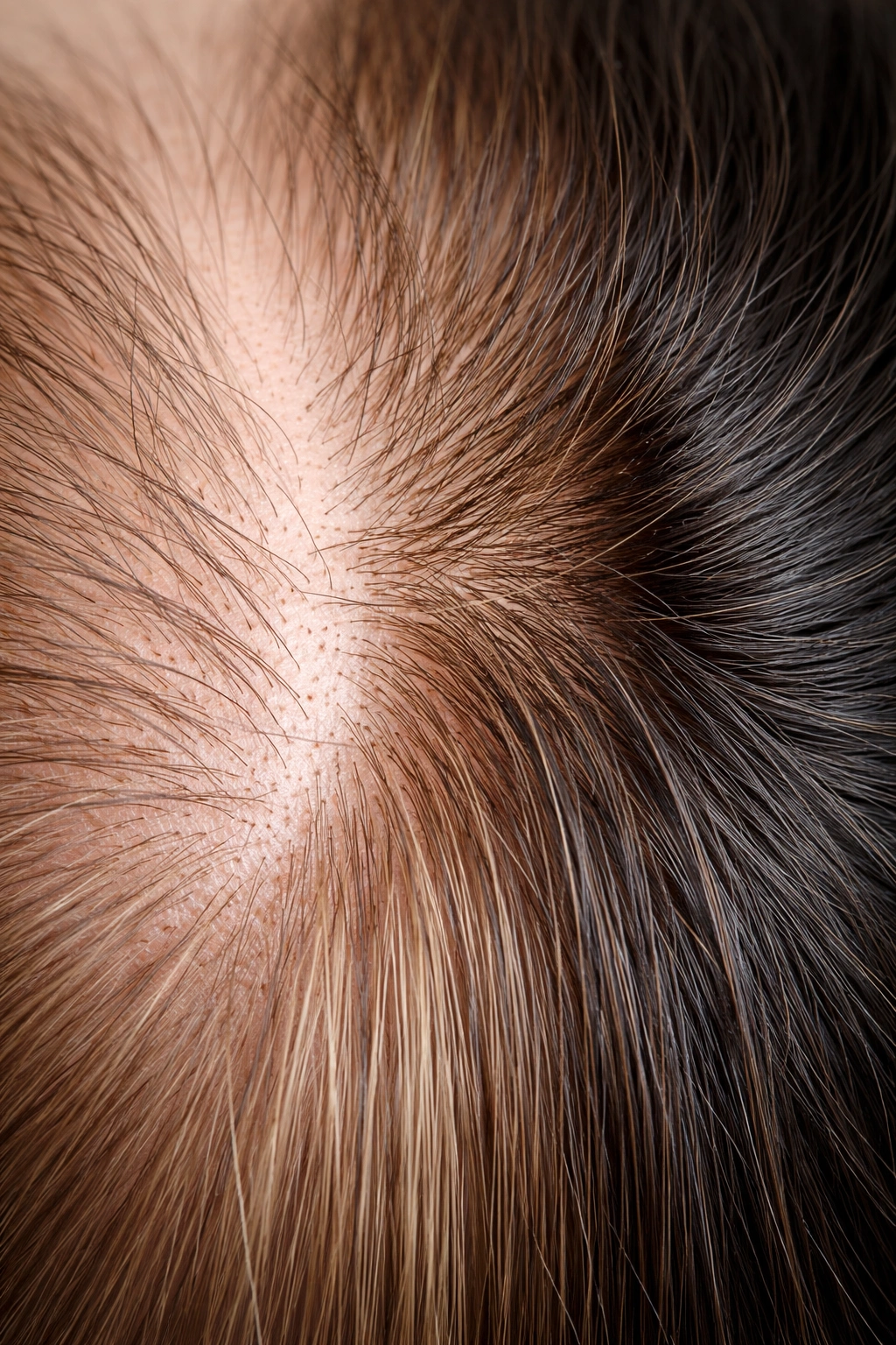 Scalp close-up showing variations in hair density and thickness