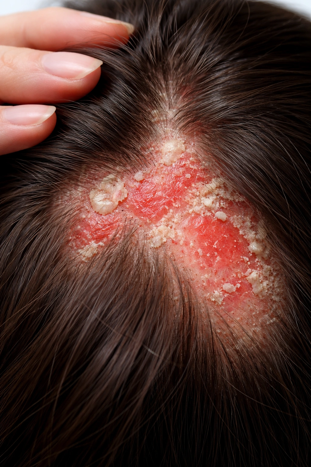 Close-up of inflamed scalp with red patches and flakes due to eczema
