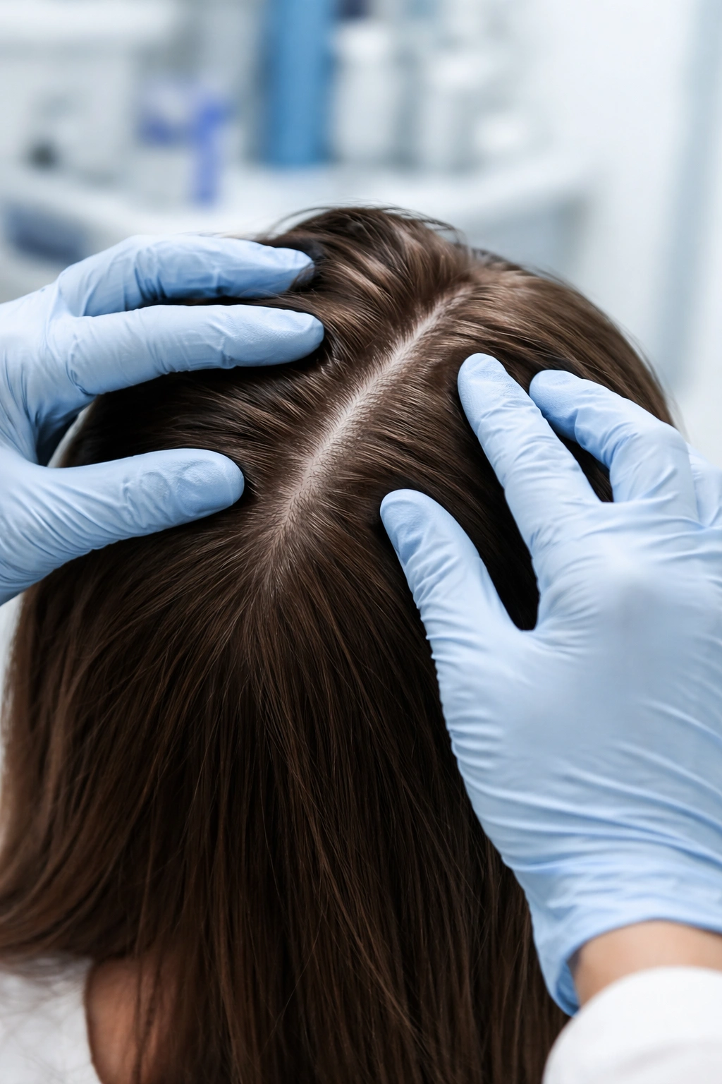 Close-up of a clinician's gloved hands inspecting a scalp during medical examination