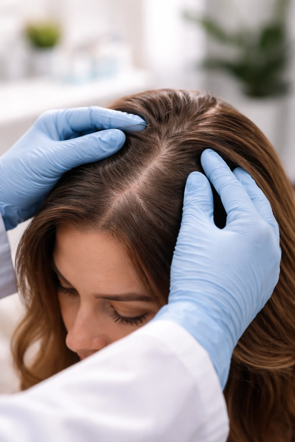 Close-up of scalp examination showing patchy thinning
