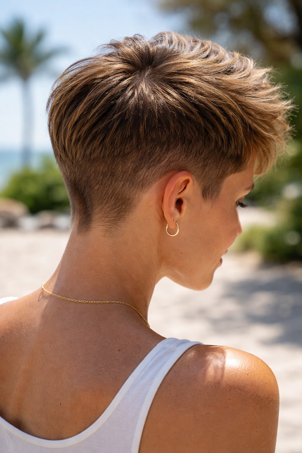 Close-up of exposed scalp under bright sun with a short haircut.