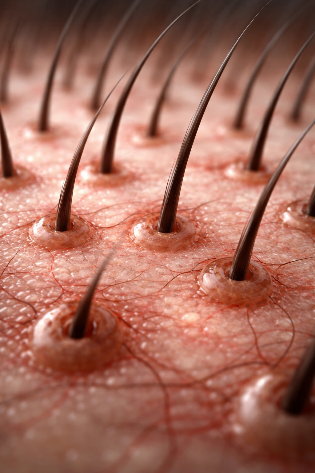 Close-up scalp with visible follicles and new hair growth.