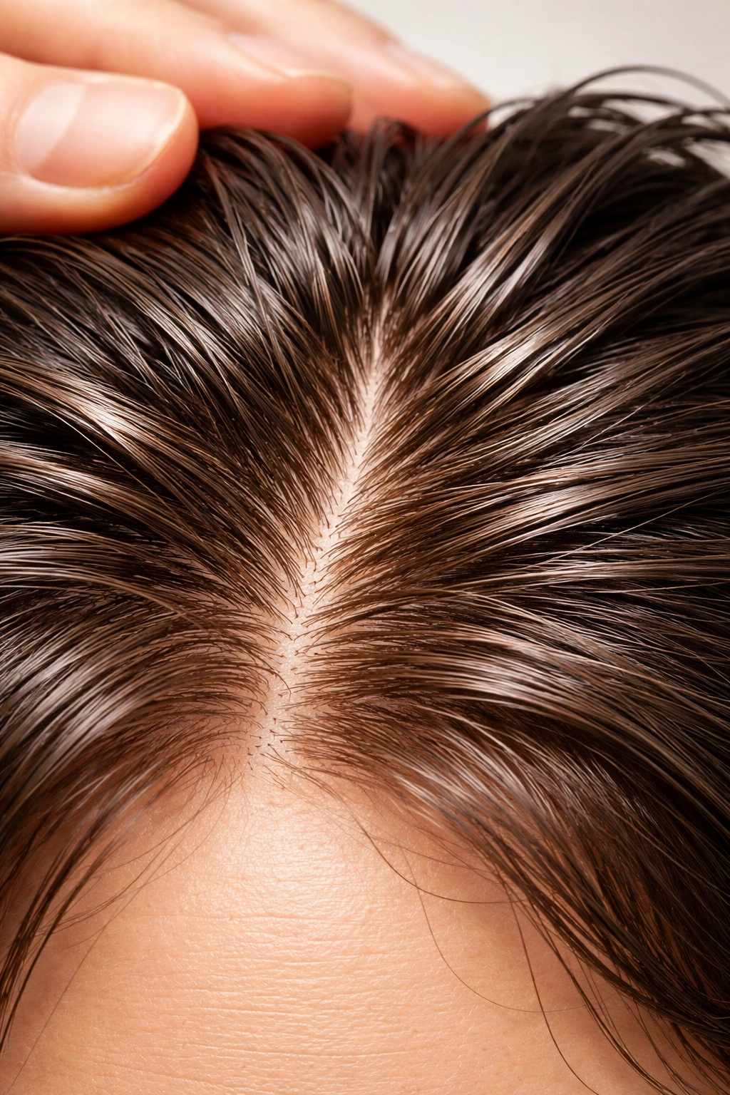 Macro image of healthy scalp with hair roots and no irritation