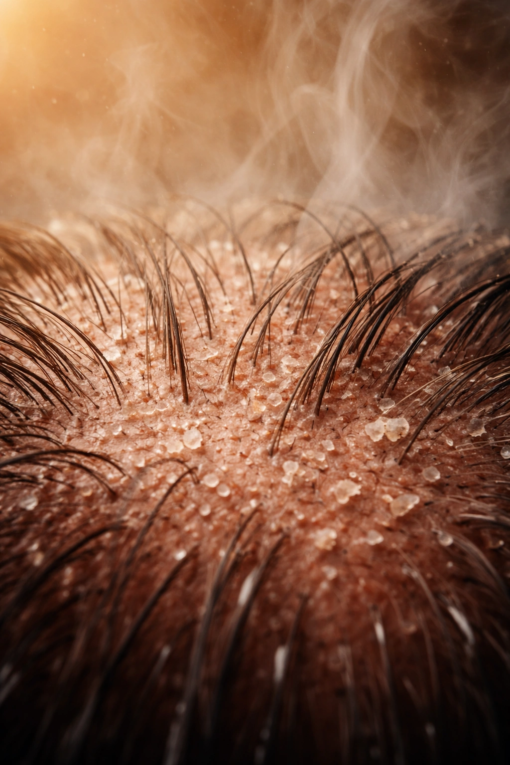 Close-up of scalp showing dryness, flakes, and fine hairs indicating heat-related irritation.