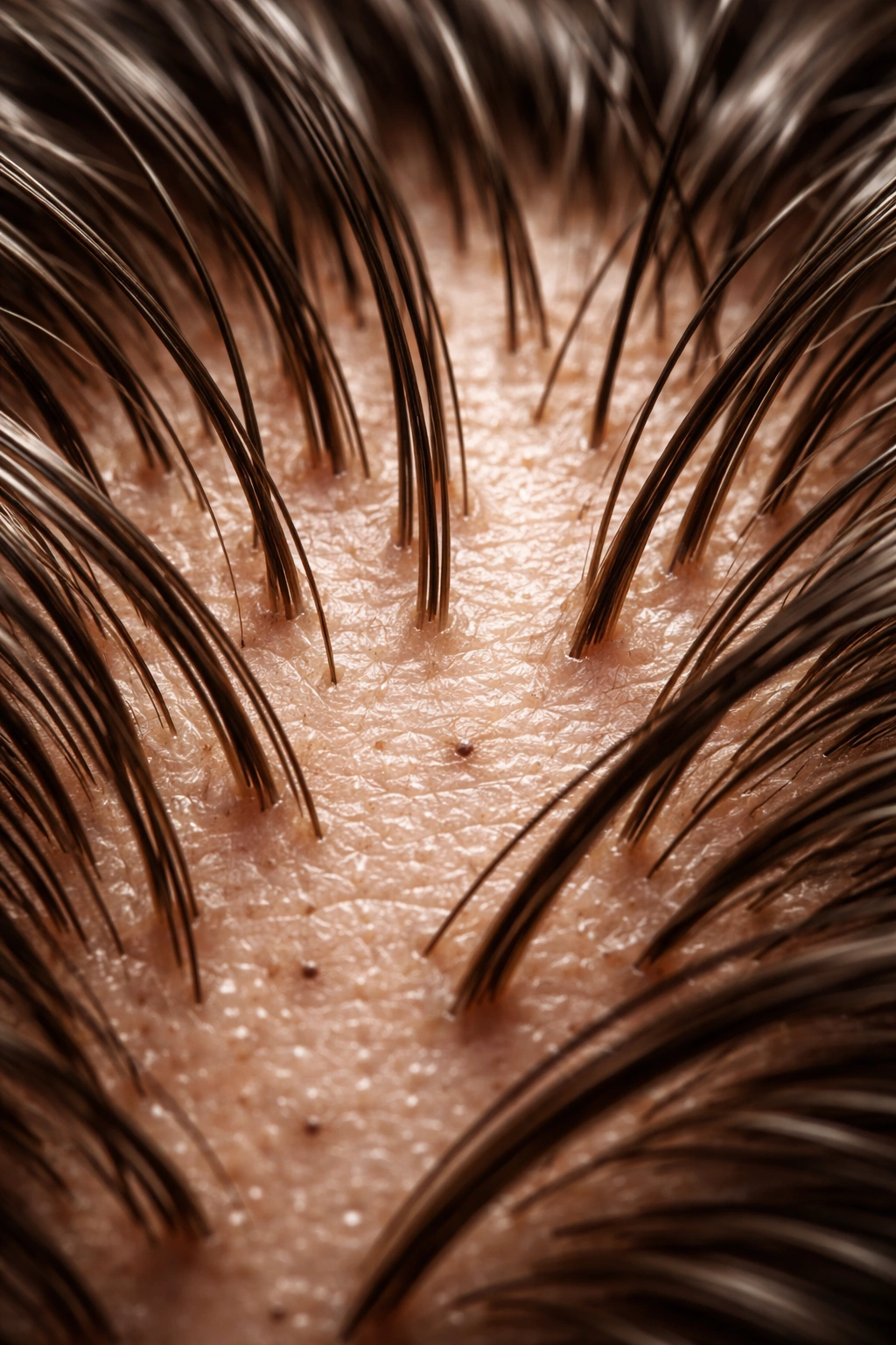 Close-up of scalp with visible follicles and natural sheen