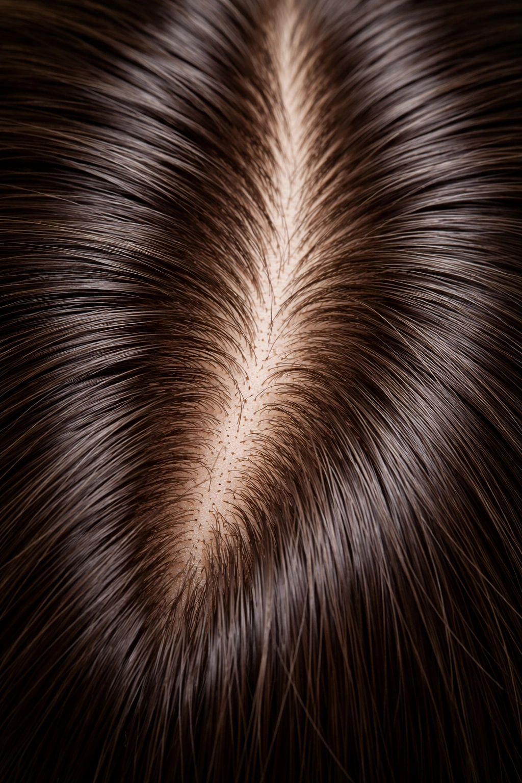 Close-up of a healthy scalp with clean skin and visible hair follicles between parted strands.