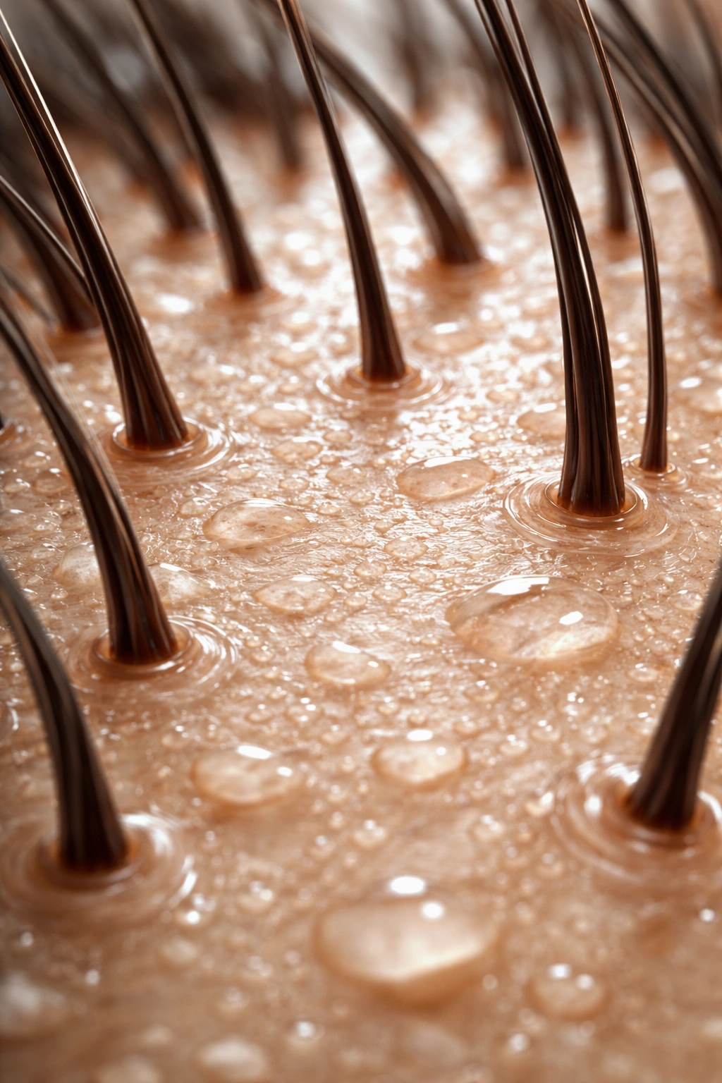Macro image of a healthy hydrated scalp with visible follicles