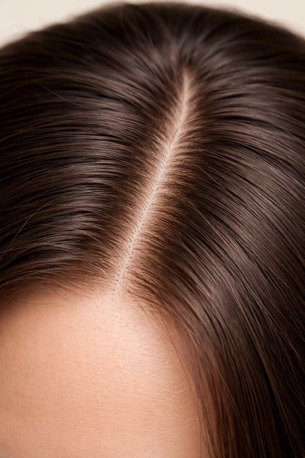 Close-up of a healthy, smooth scalp with hair parted, emphasizing scalp health and itch relief