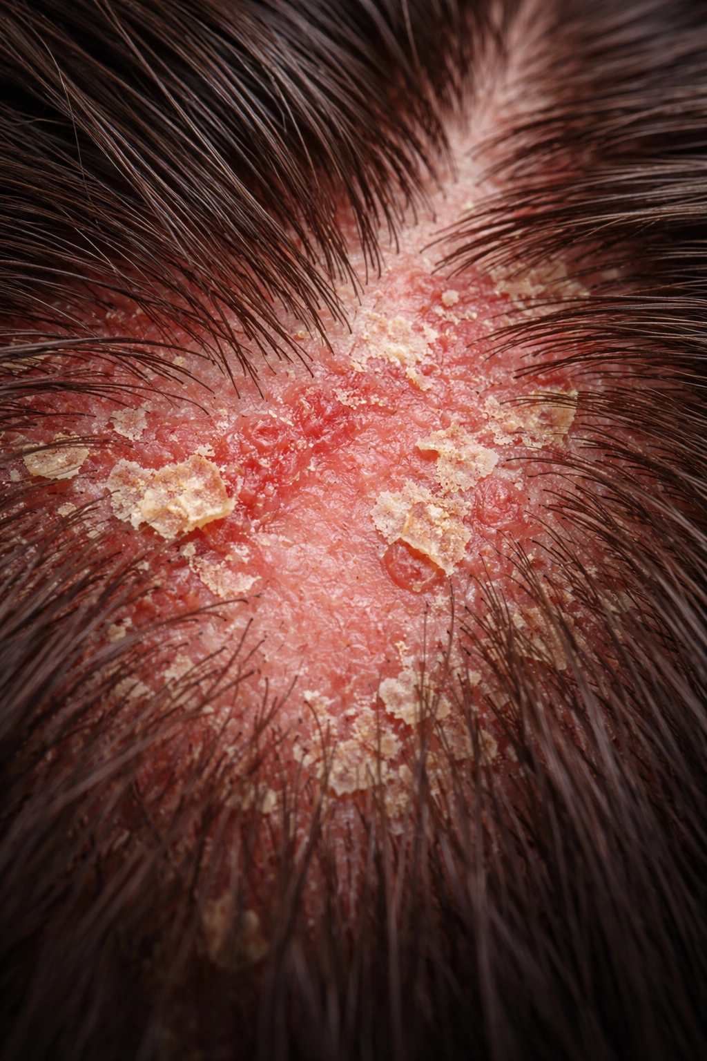 Macro scalp close-up showing flakes and redness indicating poor scalp health