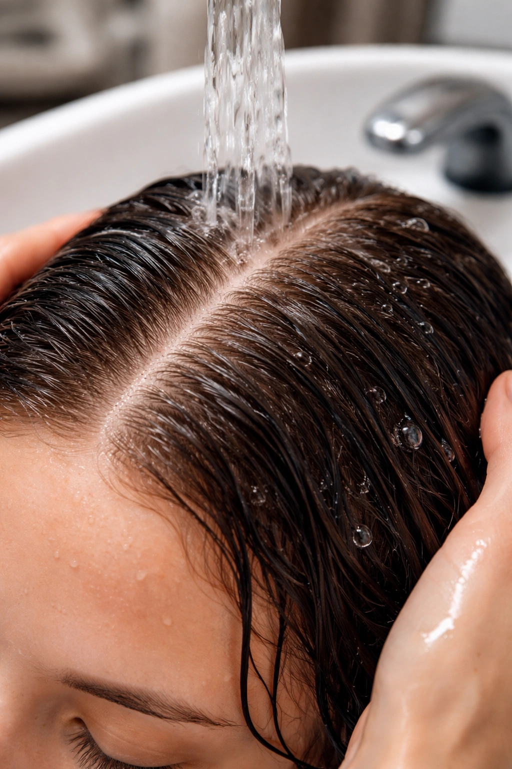 Close-up of damp scalp at hairline during salon wash