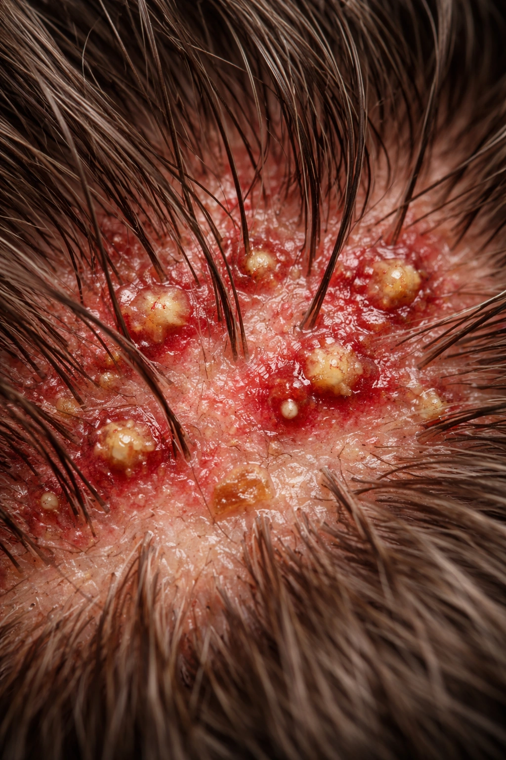 Close-up of scalp with small red lesions around follicles