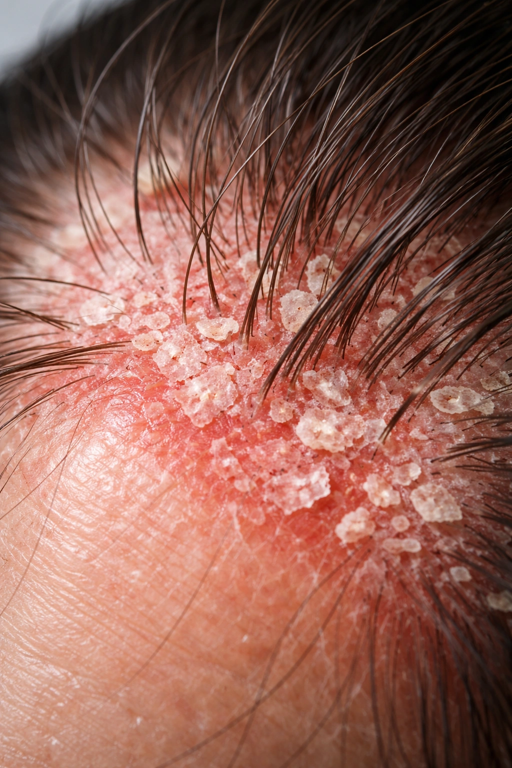 Close-up of inflamed, flaky scalp suggesting dermatitis