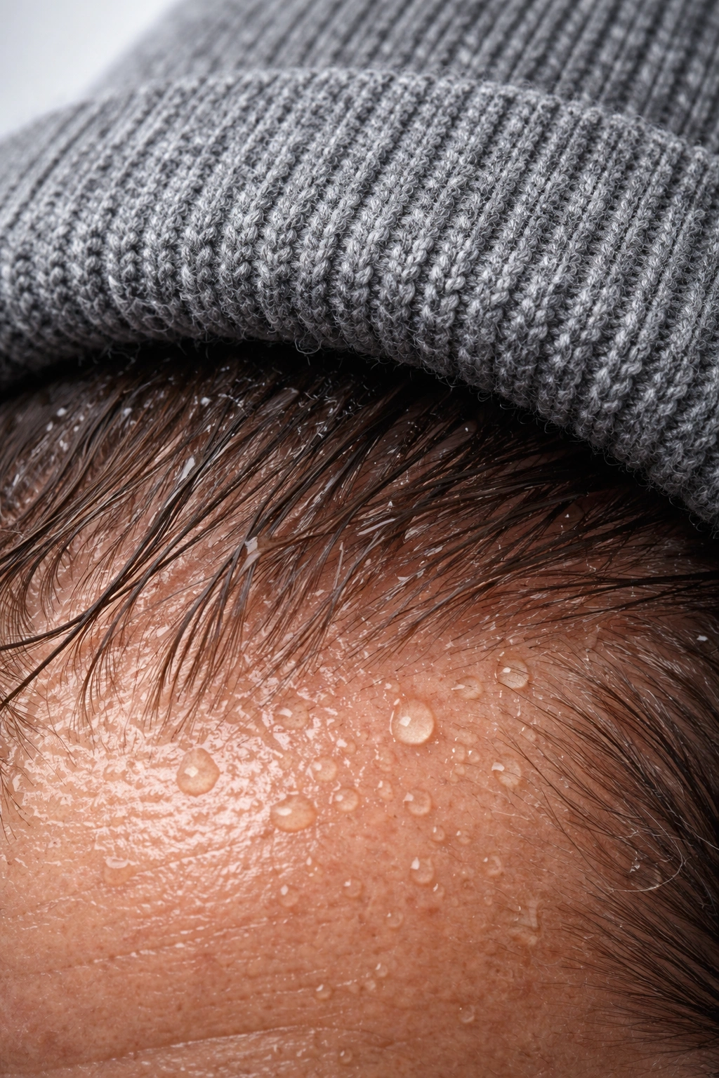Beanie on scalp with sweat and damp fabric, illustrating temporary scalp irritation risk.