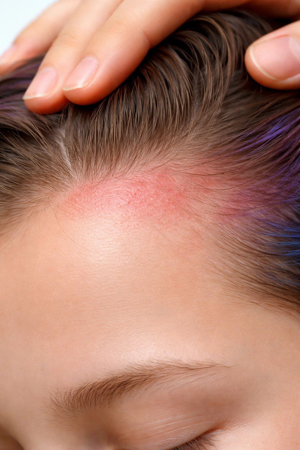 Macro image of irritated scalp showing potential dye allergy risks.