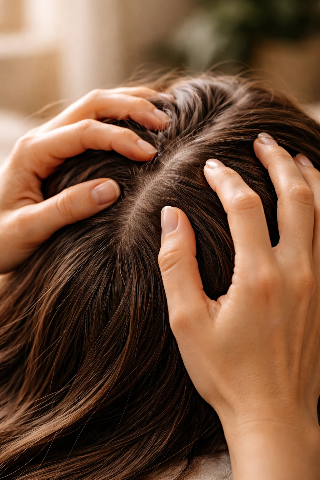 Hands massaging a scalp with circular motion, hair visible.