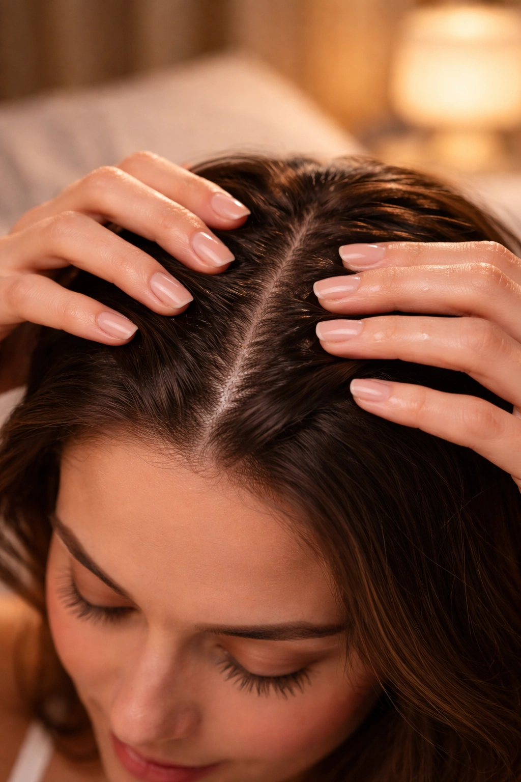 Fingertips massaging scalp with oil to boost circulation before sleep