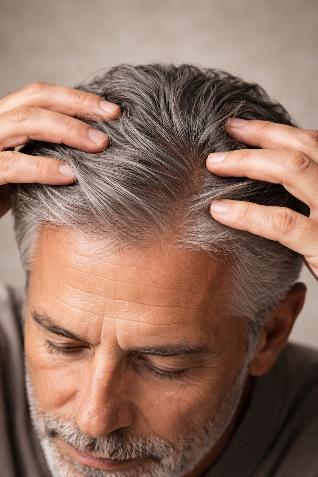 Close-up of scalp being massaged to promote healthy hair in an older man
