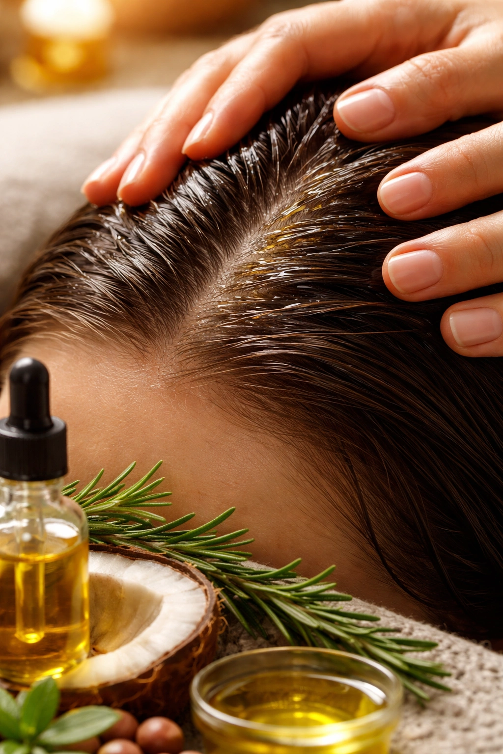 Close-up of scalp during massage with oil drops to promote growth.