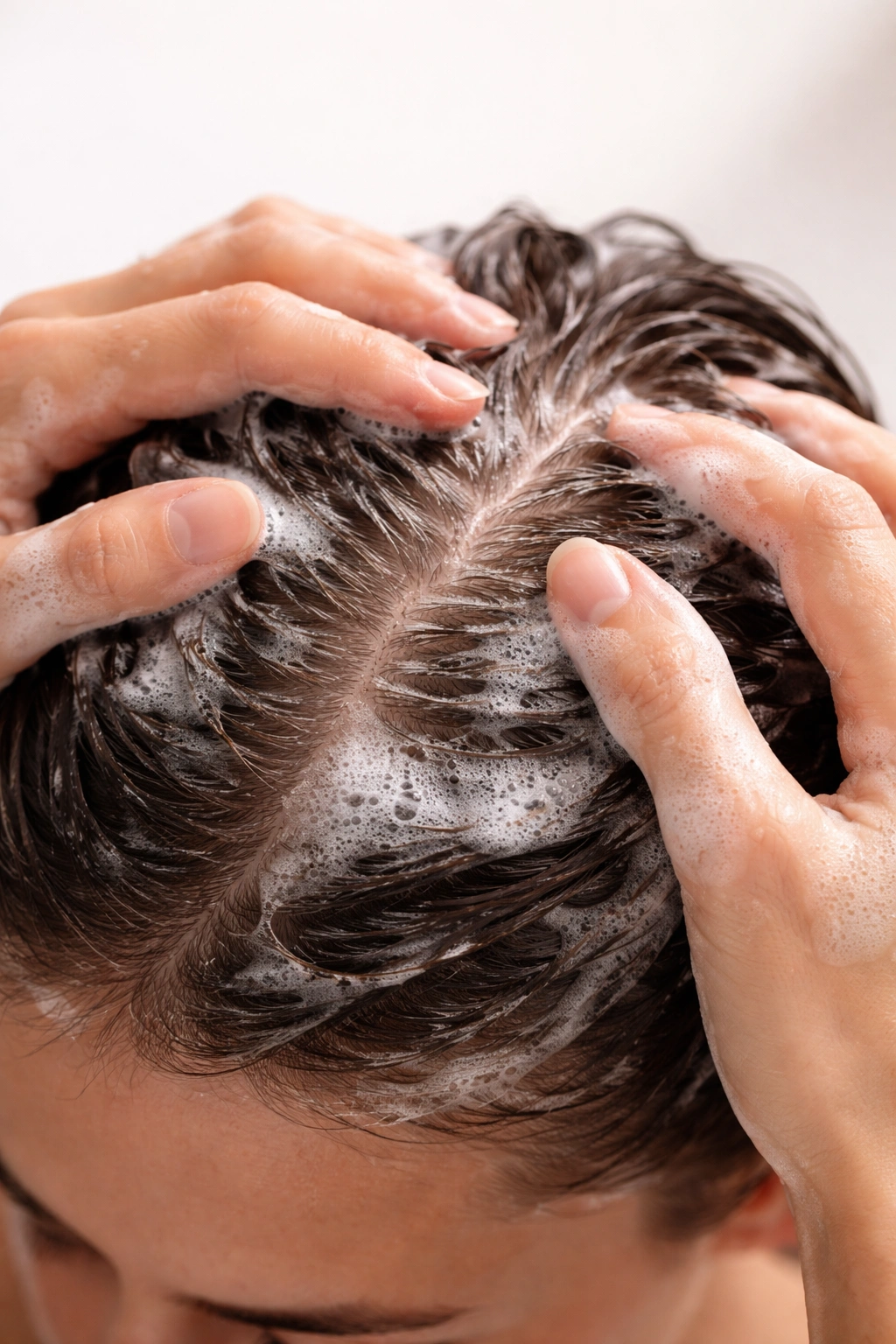 Hands massaging shampoo into scalp with foam