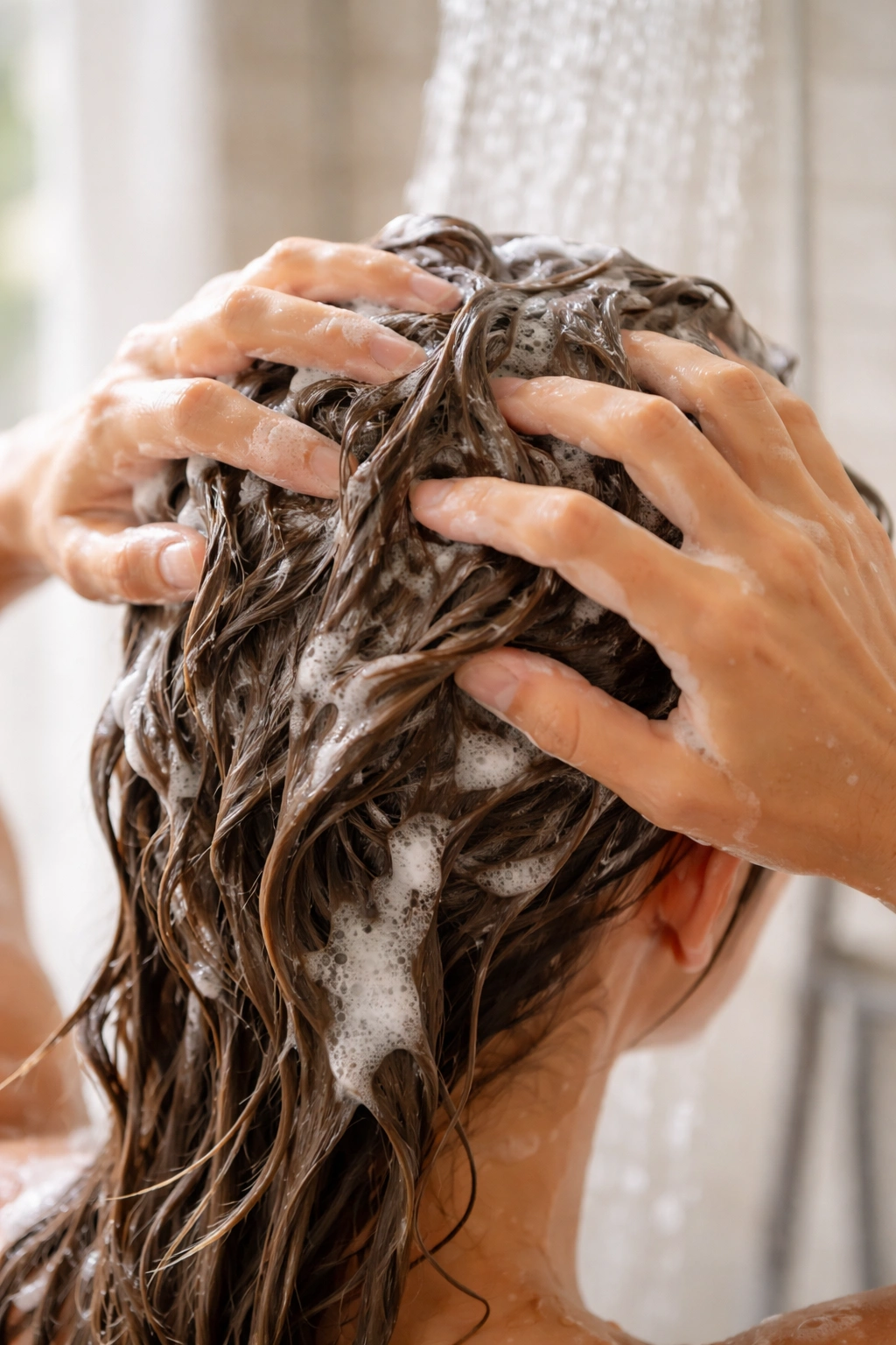 Hands massaging a wet scalp with fingertips during hair washing.