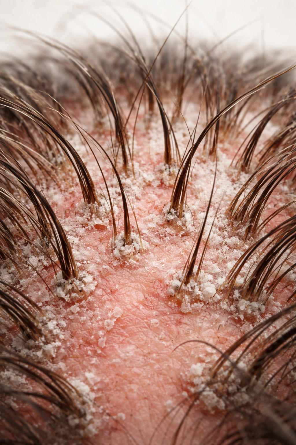 Macro scalp close-up with mineral residue around follicles