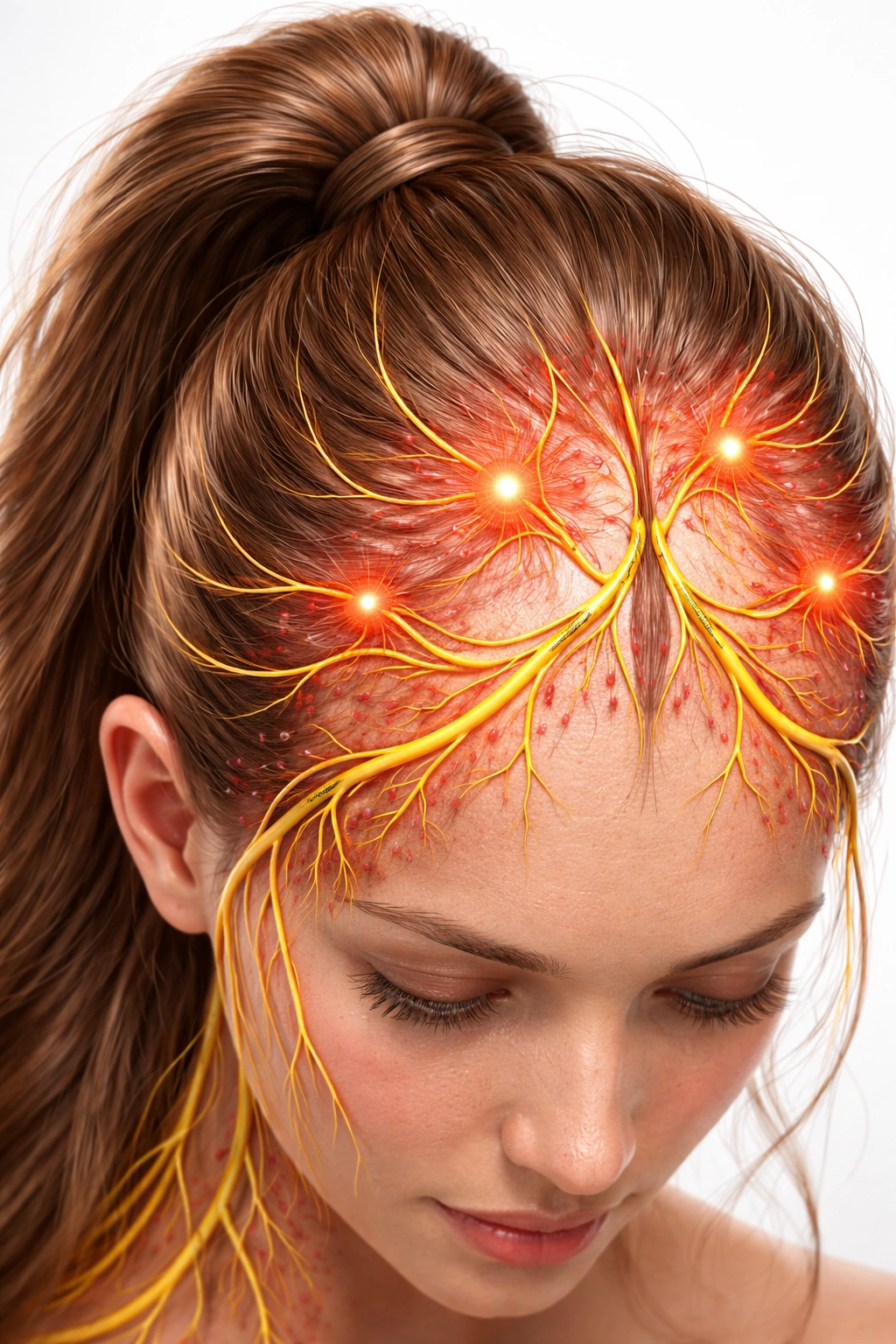 Medical illustration of scalp nerves and pain pathways