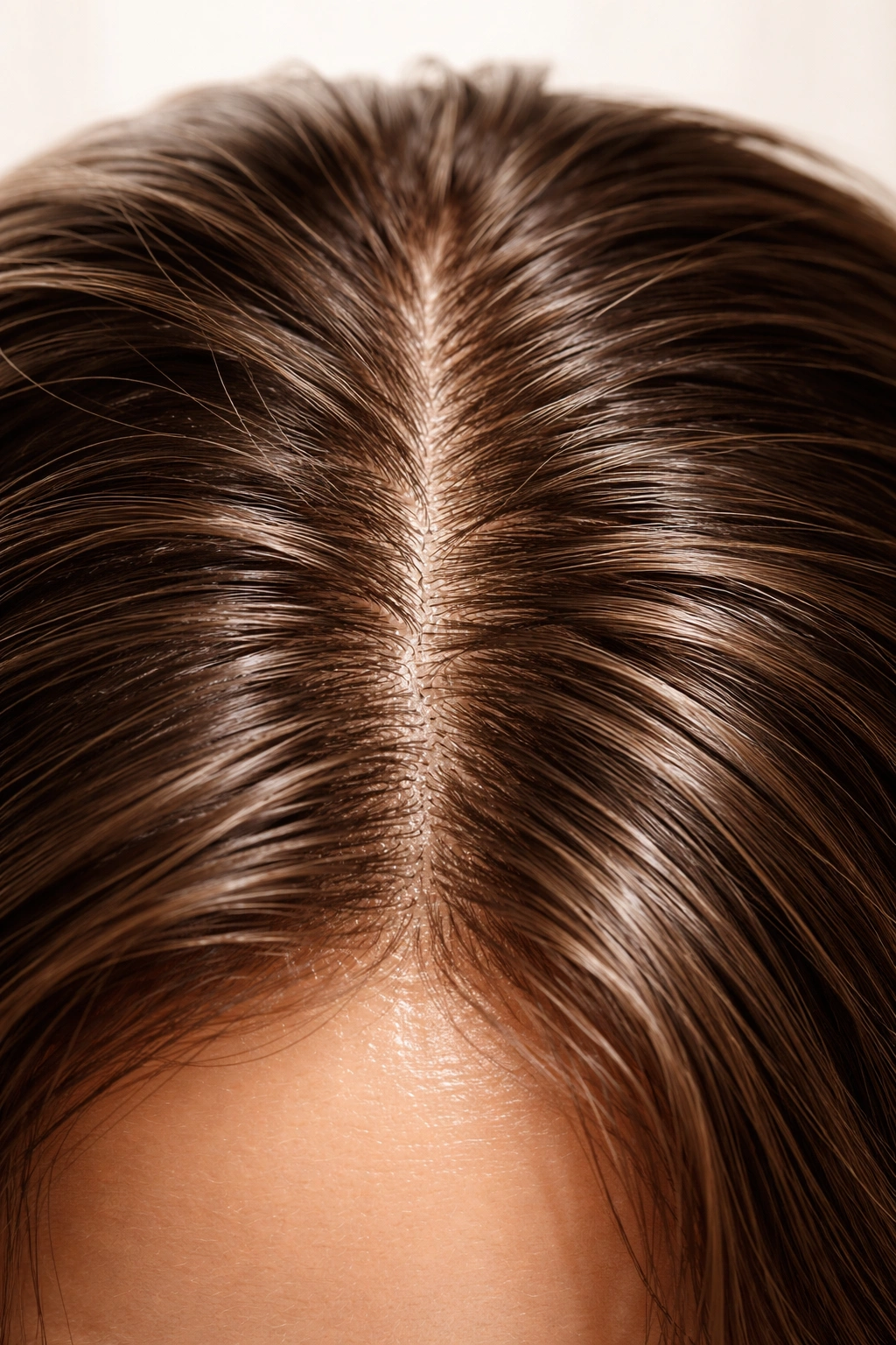 Scalp close-up with visible natural oiliness indicating sebum production and aging effects.