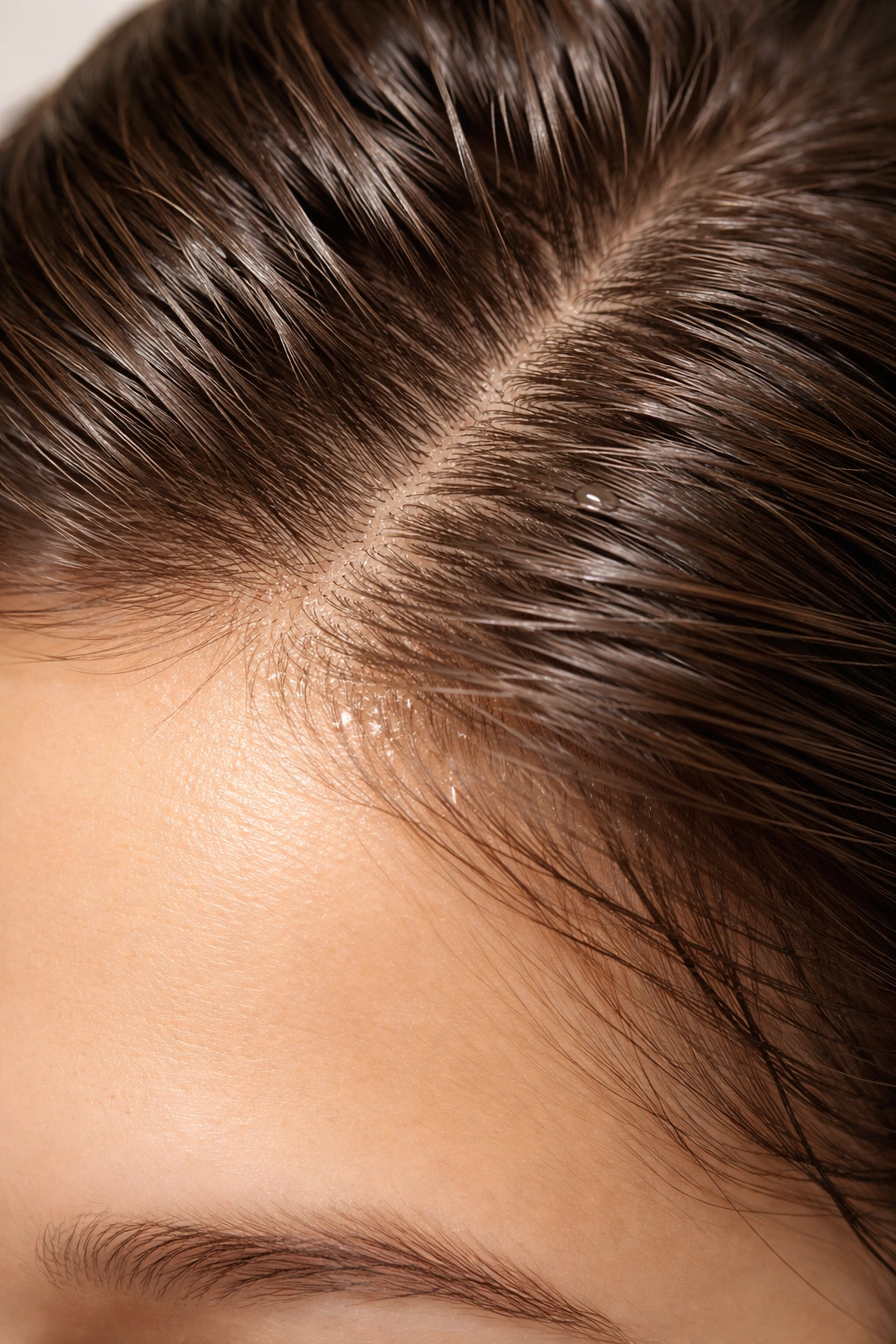 Macro close-up of scalp showing natural oil distribution on hairline