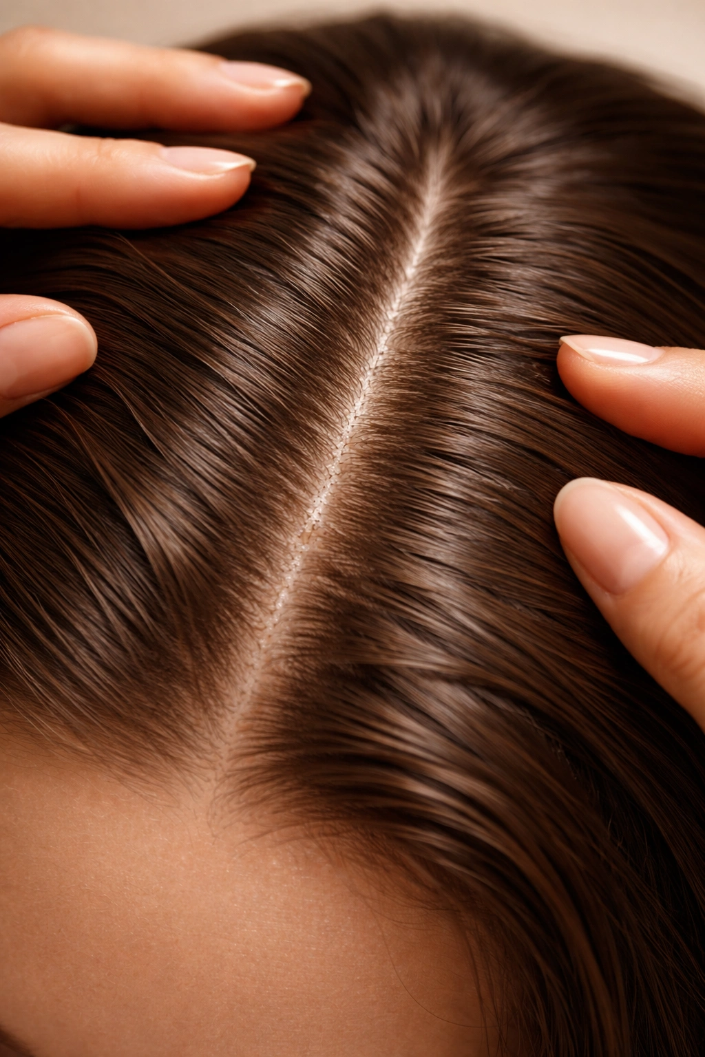 Scalp close-up with subtle oil sheen