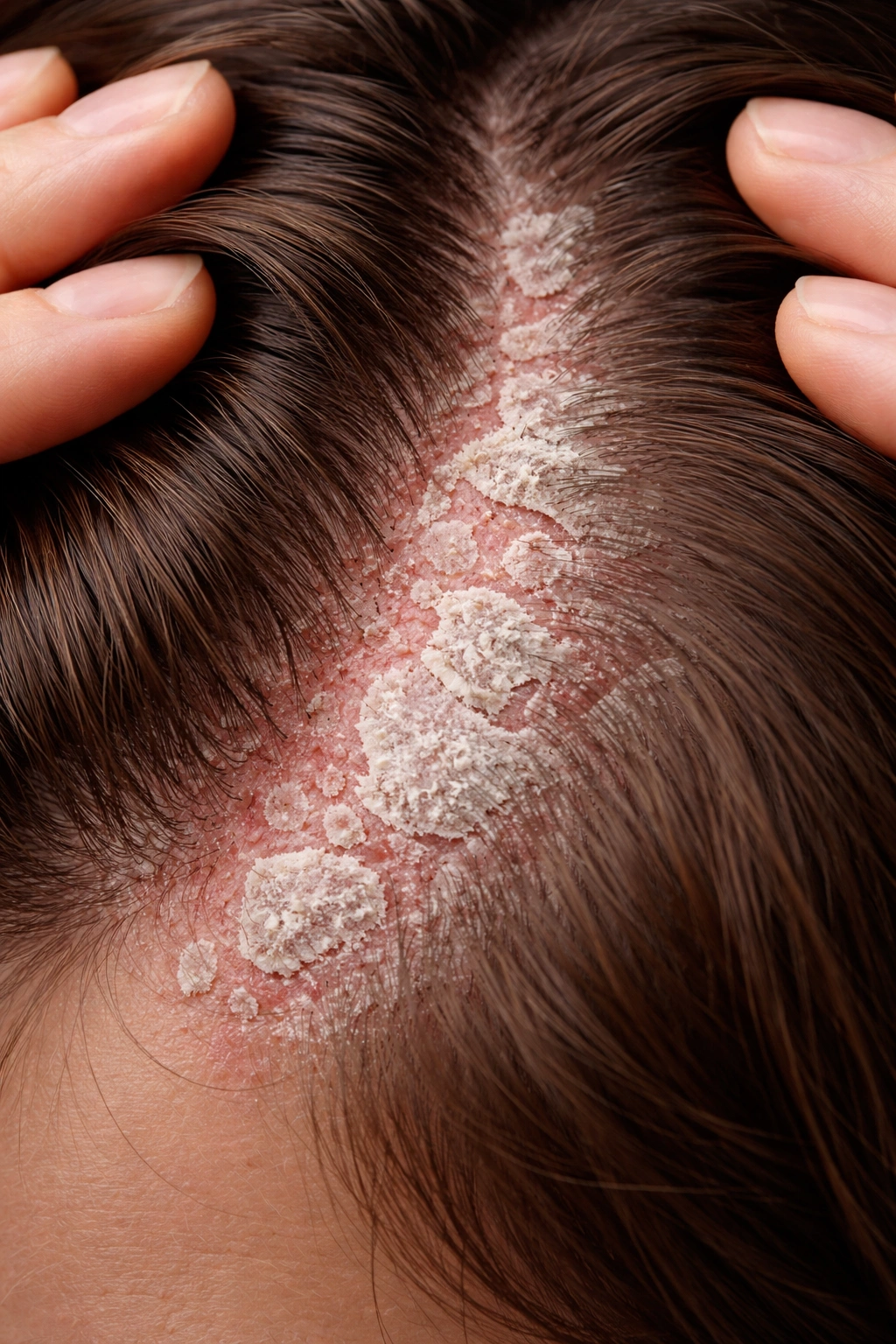 Close-up of scalp with silvery plaques typical of scalp psoriasis