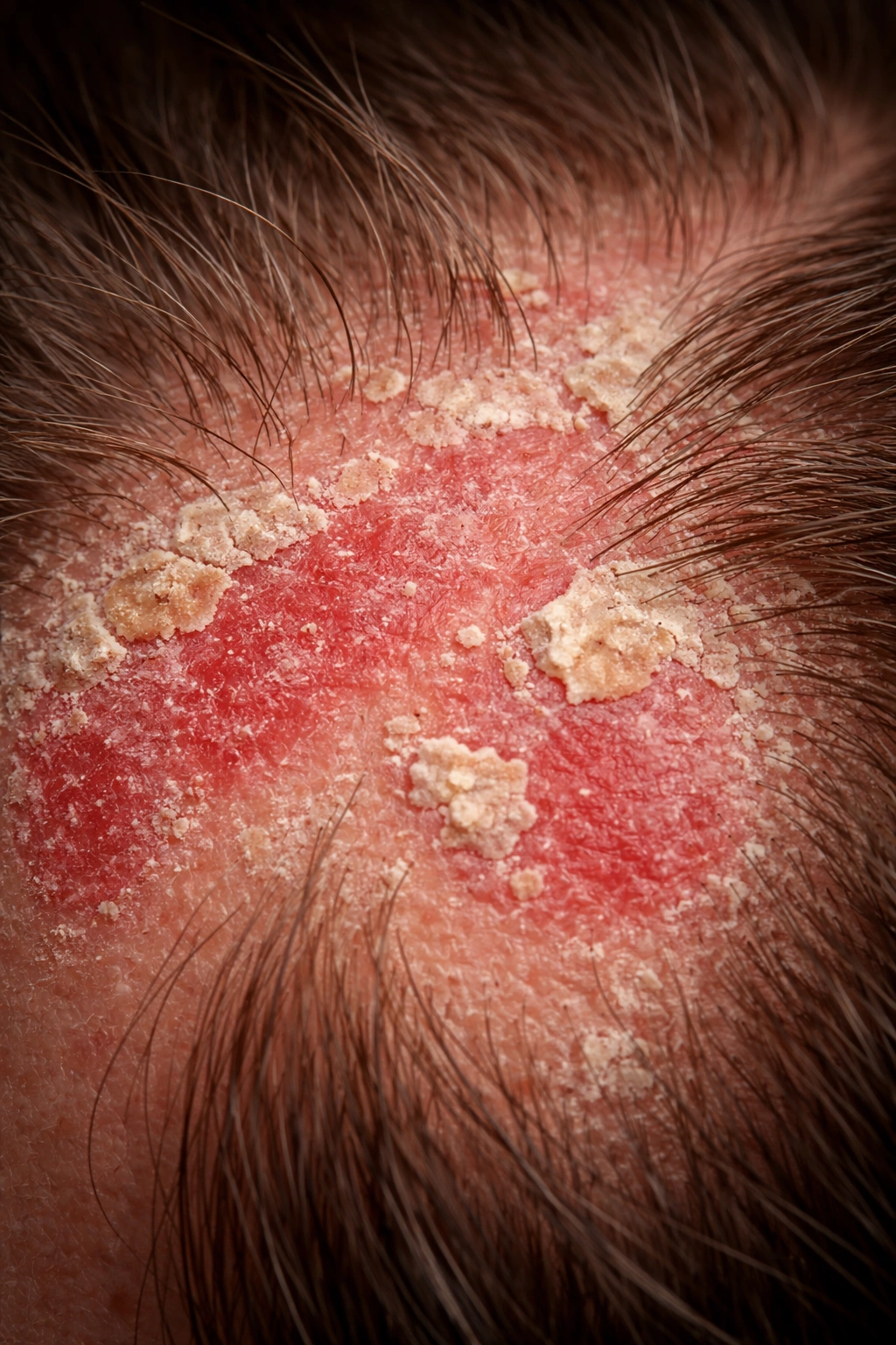 Macro view of scalp with red patches and flaky scales