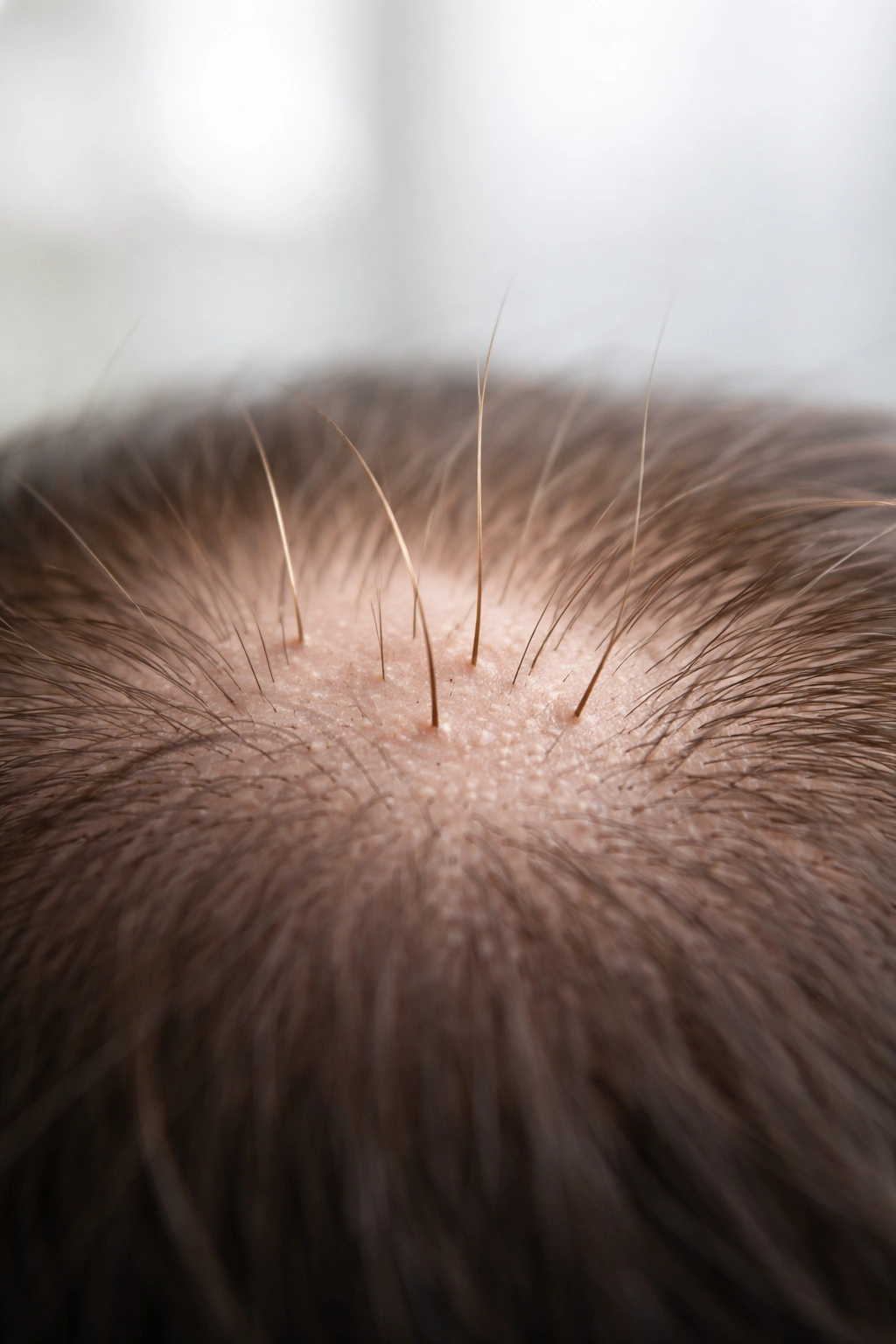 Scalp close-up showing tiny new hair sprouts in thinning areas