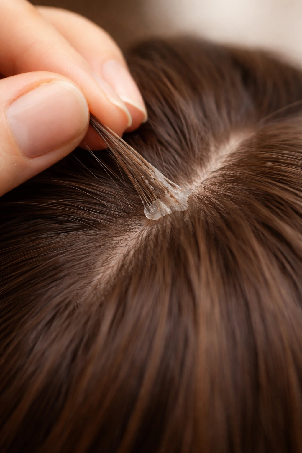 Scalp close-up showing gentle removal near the bonded area to prevent damage.