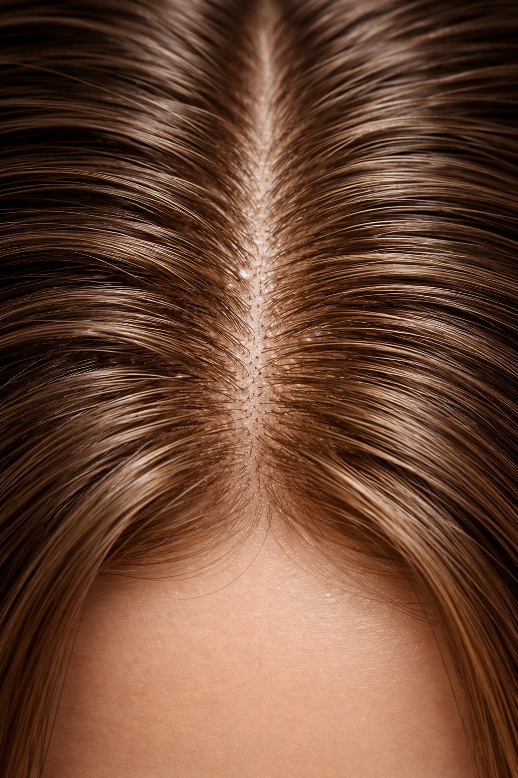 Macro close-up of scalp with natural sebum film illustrating the scalp's defense system
