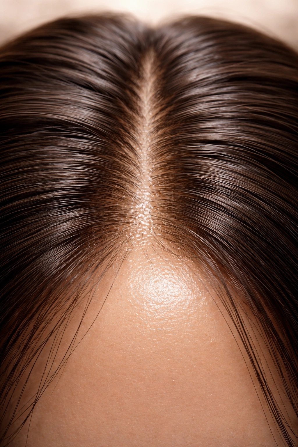 Close-up of scalp with natural sebum forming a protective oil film at the roots