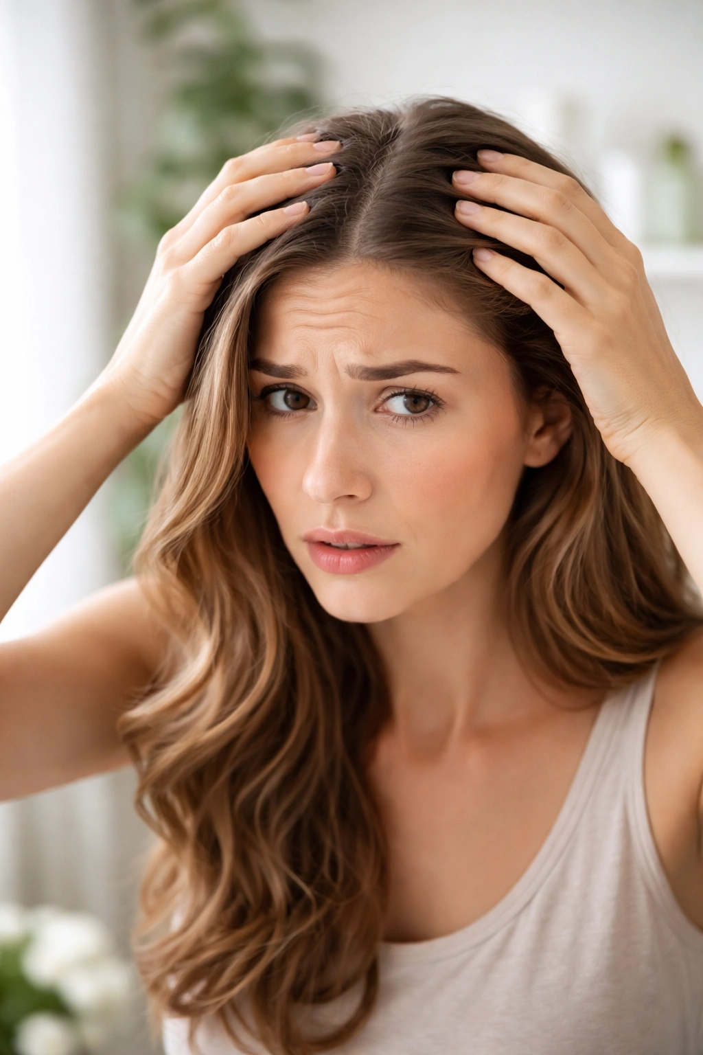 Person with a sensitive scalp in calm setting illustrating potential concerns with use
