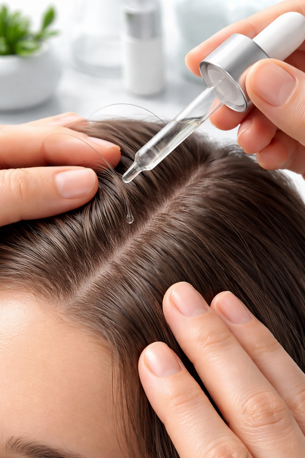 Hands applying scalp serum to a clean scalp in a bright setting.
