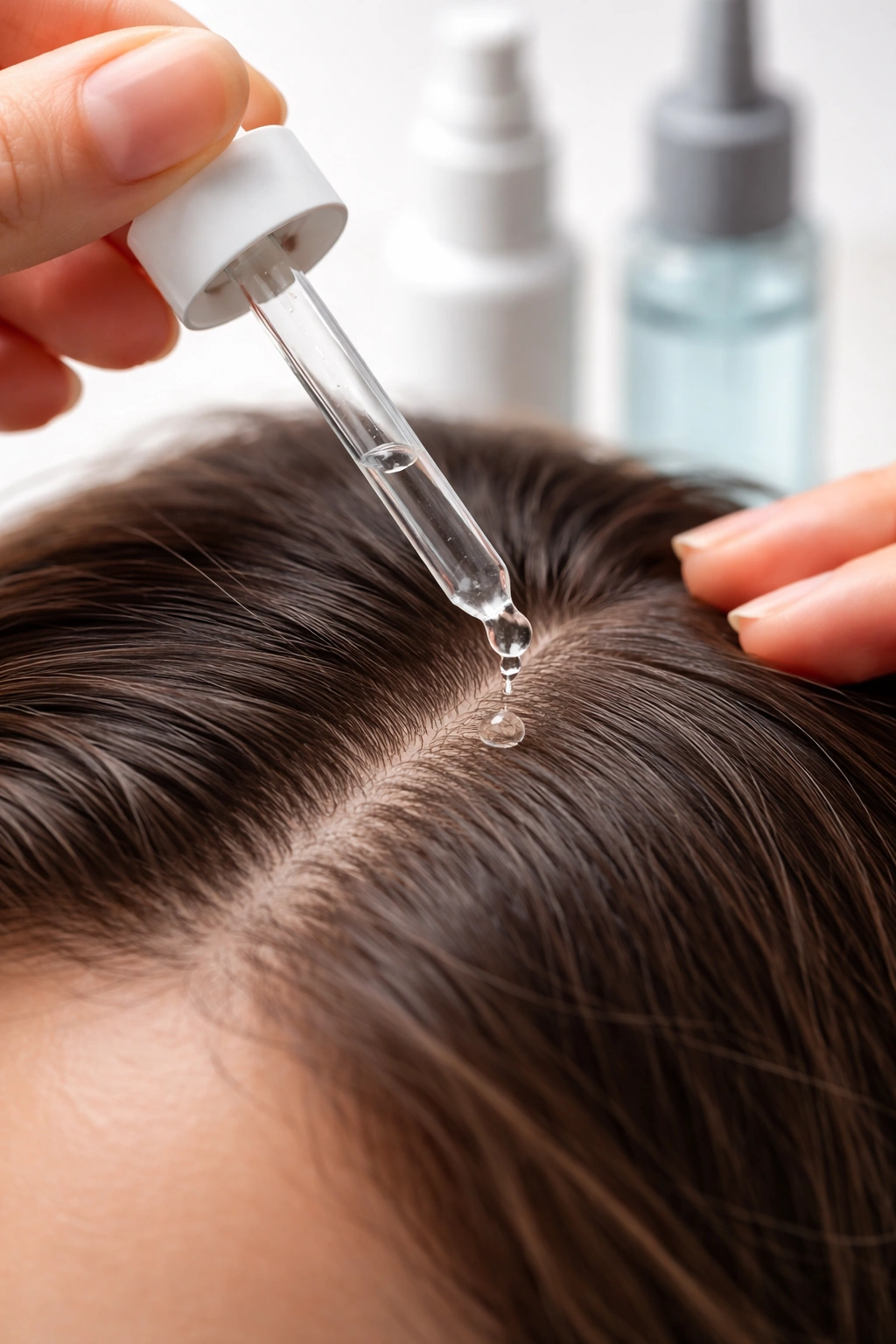 Hand applying serum to scalp without labels
