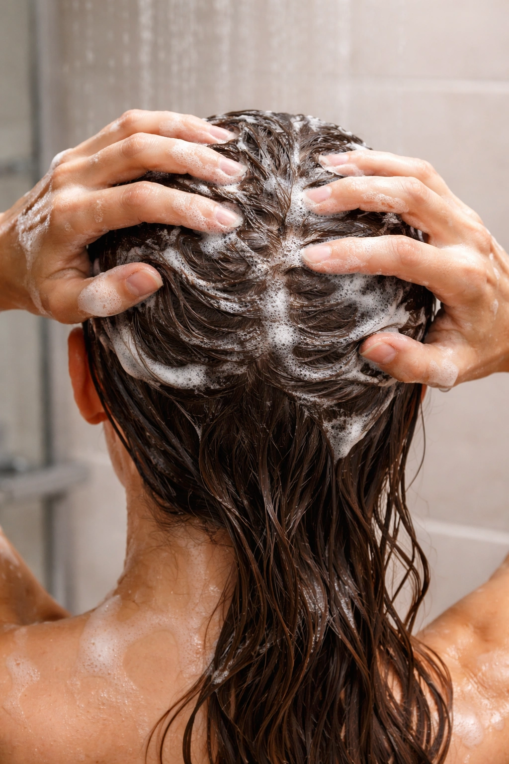 Hands massaging scalp with shampoo focused on the scalp