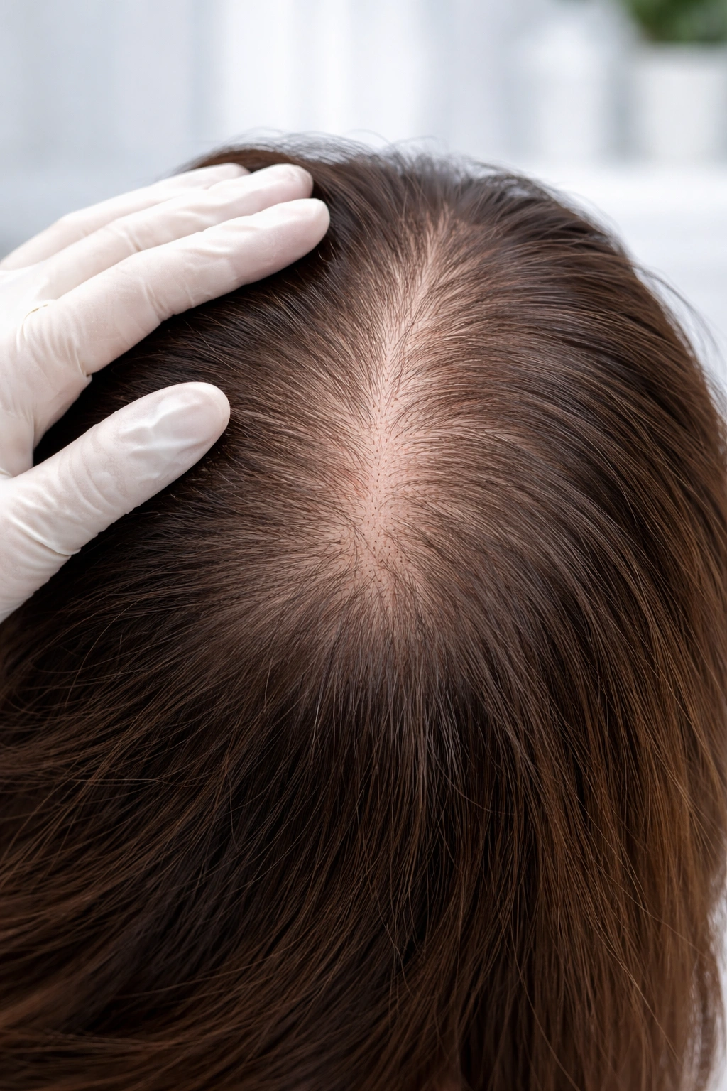 Close-up of thinning scalp under clinical lighting