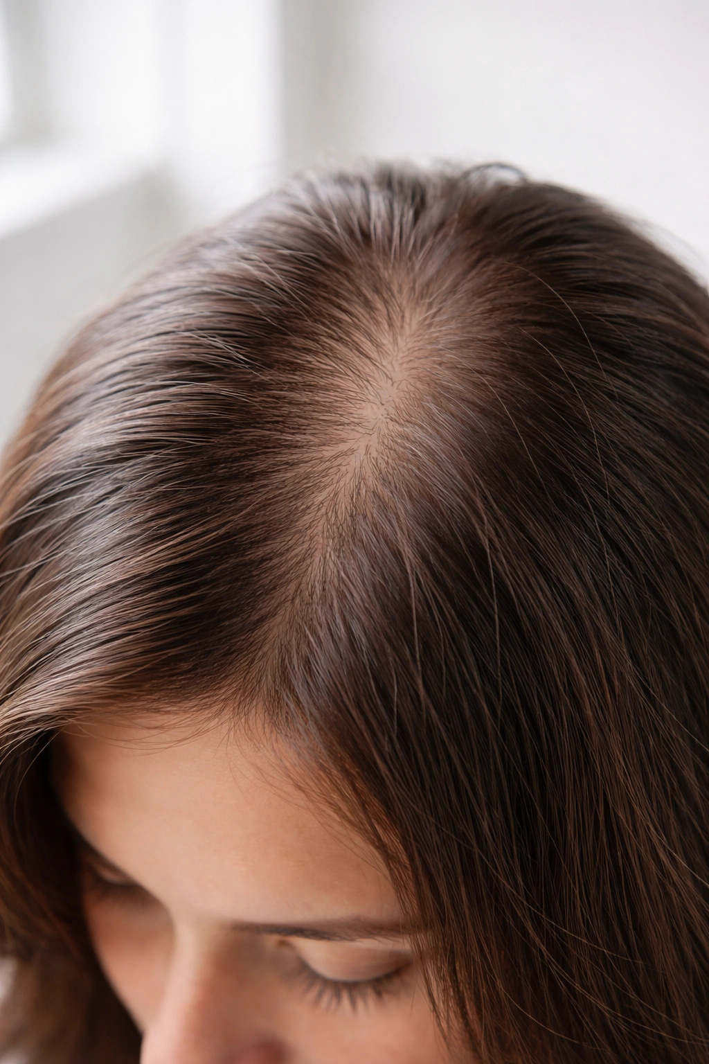 Close-up of thinning scalp indicating early hair loss and treatment window.