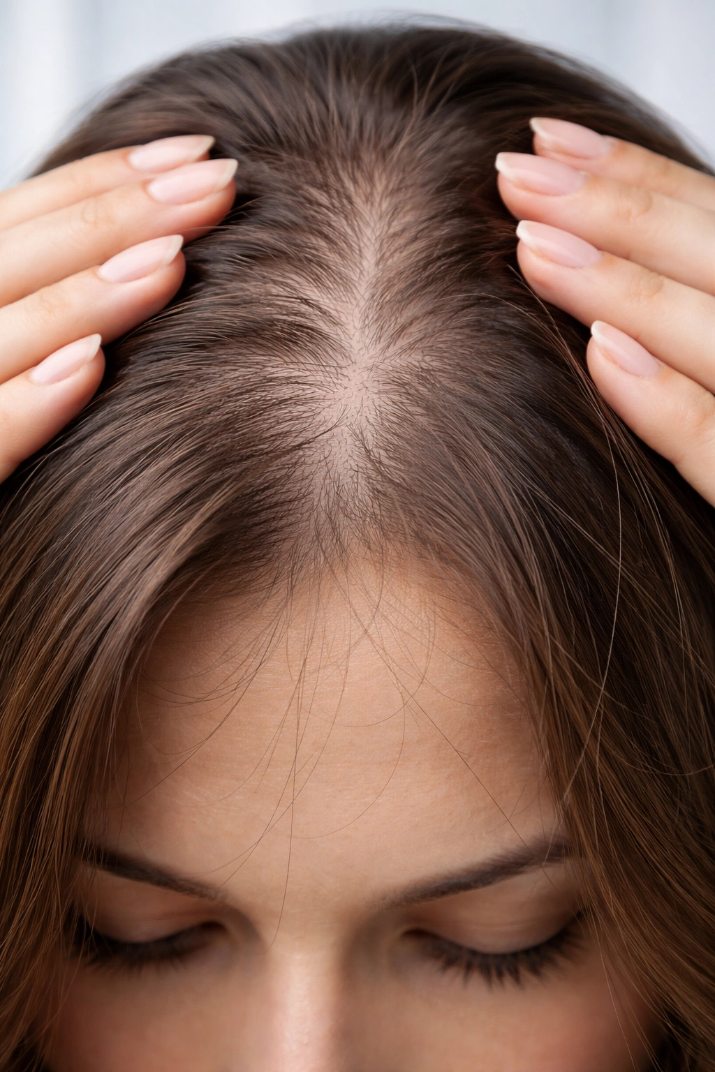 Scalp close-up showing thinning patch with stray hairs