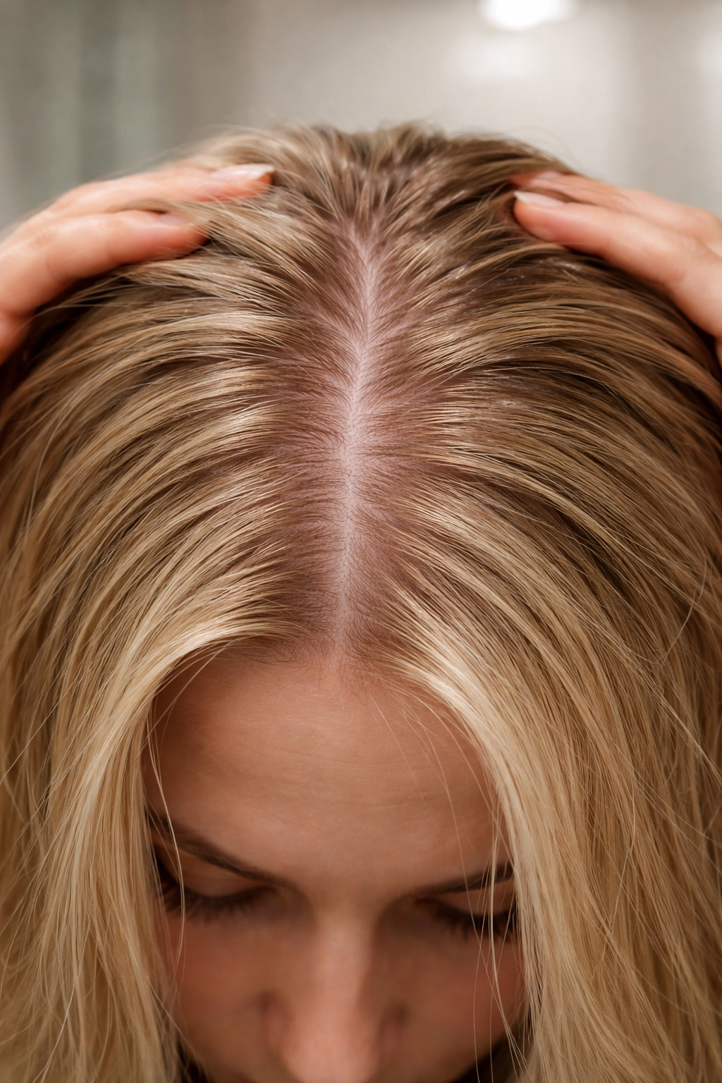 Close-up of scalp visible through light hair under bright bathroom lighting