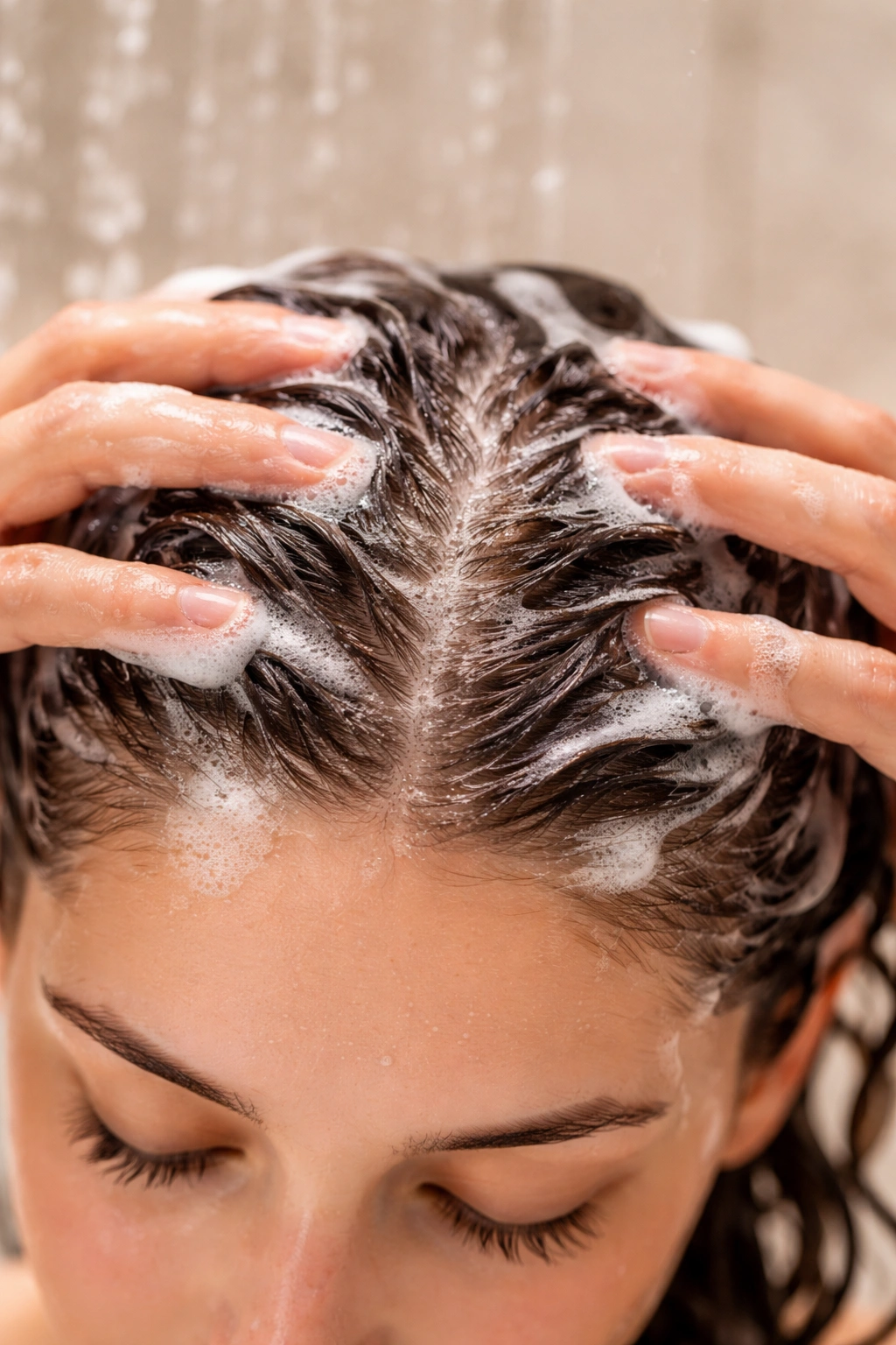 Close-up of scalp being cleansed with shampoo, fingertips massaging the roots