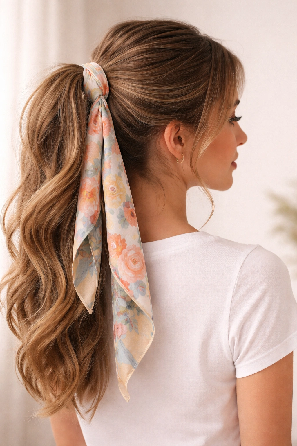 Ponytail with scarf at base, colorful accessory
