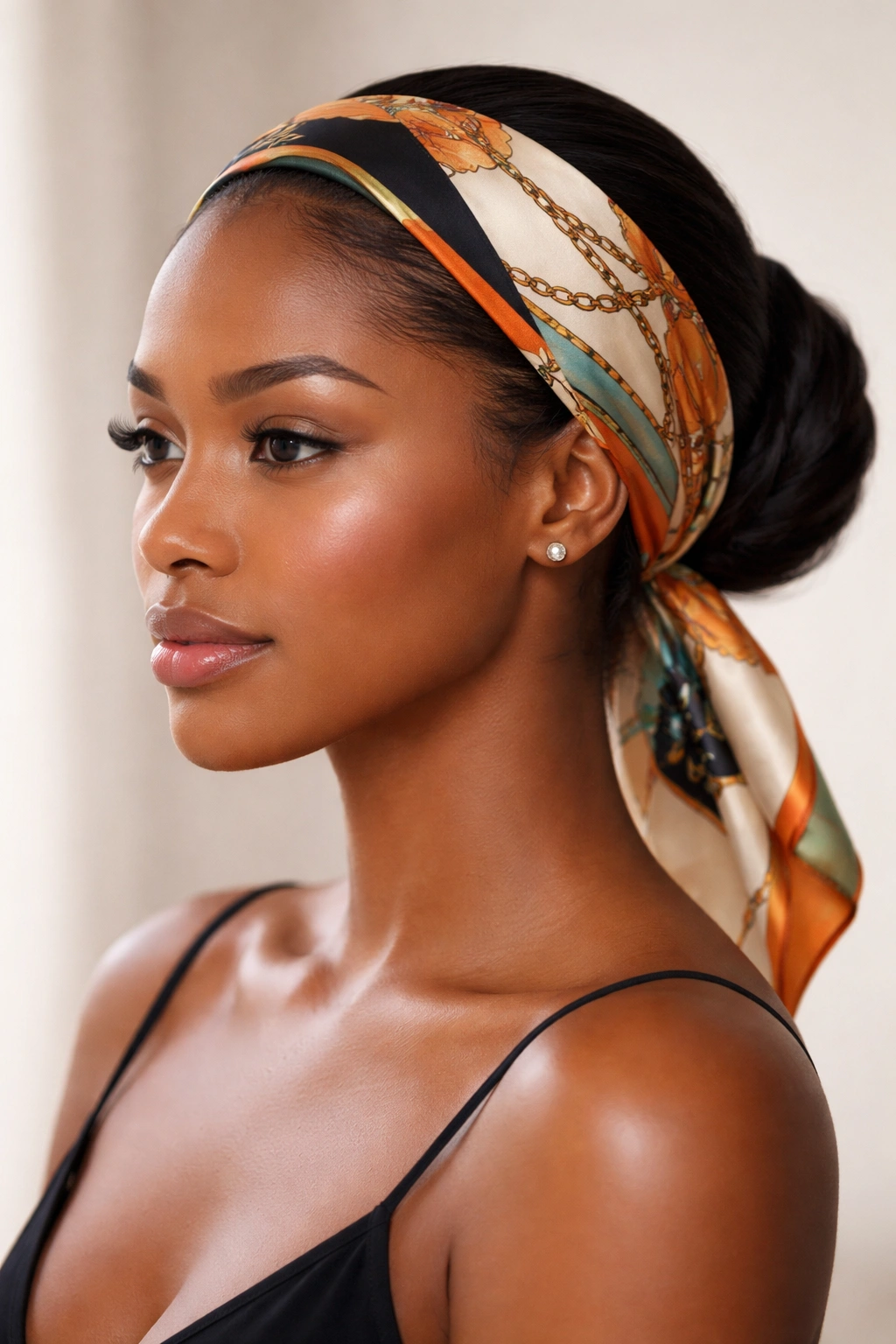 20 Gorgeous Pushback Hairstyles Every Black Woman Should Try 2 Close-up of a head wrapped with a silk scarf, pushback hairstyle